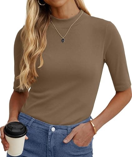 PrinStory Womens Tops Mock Neck Short Sleeve T Shirts Dressy Casual Ribbed Knit Slim Fit Summer Business Going Out Tops 2026 - Image 1