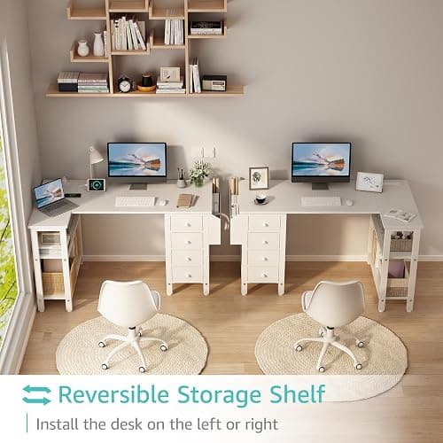 Lufeiya White L Shaped Computer Desk with Drawers & Storage Shelves, 47 Inch Corner Reversible Desk with Power Outlet for Home Office Bedroom, L-Shaped Teen PC Desks with Fabric Drawer, White thumbnail 4