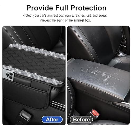 NBTEPEM Bling Car Center Console Cover, Leather Car Arm Rest Cover Cushion with 2 Storage Bags, Middle Console Cover Universal Armrest Protector Pads, Bling Accessories for Most Vehicles (Silver) thumbnail 6