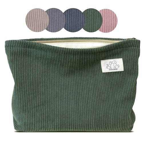 HAPPYHEIDI Navy Green Corduroy Makeup Bag Cosmetic Toiletry Travel Pouch, Make Up Accessory Purse Organizer, Canvas Lined - Image 1