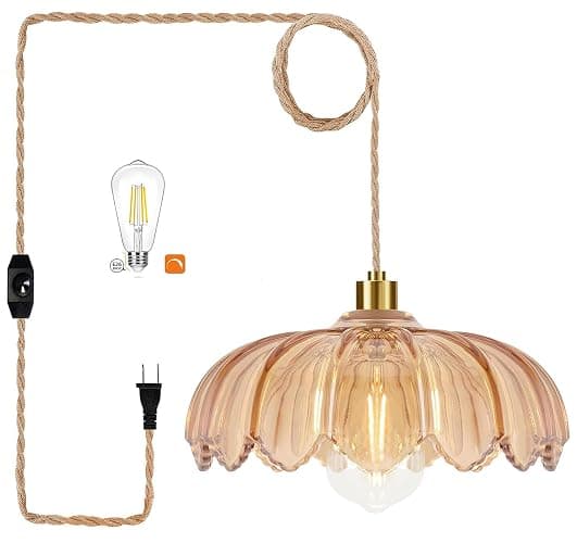QIYIZM Plug in Pendant Light Hanging Lights with in Cord Mid Century Modern Gold Hanging Lamp Flower Glass Amber Vintage Dimmable Chandelier Ceiling Fixture for Living Room,Kitchen,Boho - Image 1