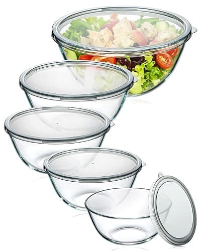 Glass Mixing Bowls with Lids Set of 5(4.78QT,2.2QT,1.7QT,1.1QT,0.85QT),Thick Glass Nesting Bowls for Kitchen Baking,Cooking Prep,Storage,Serving,Large Salad Bowls,Dishwasher Microwave Freezer Safe - Image 1