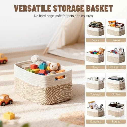 Yilobi 5 Pack Woven Storage Baskets for Shelves, Decorative Basket Organizer Storage Bins for Toys, Books, Clothes, Closet, Nursery, Bathroom – Cotton Rope Shelf Baskets for Organizing, Khaki & White thumbnail 5