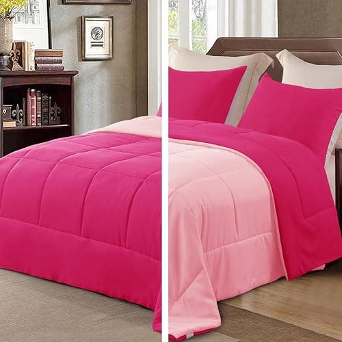 Exclusivo Mezcla Lightweight Summer Reversible Twin Size Comforter Set, Down Alternative Comforter with 1 Pillow Sham, Twin Size Bedding Set for All Seasons, Hot Pink/Bright Pink - Image 1