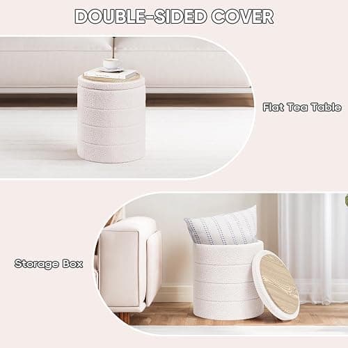 PINPLUS Round Storage Ottoman Foot Rest Stool with Tray Velvet Sherpa Folding Storage Ottoman,Boucle Foot Rest for Living Room, Bedroom, Dorm（White） thumbnail 7