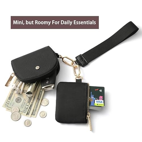 Keychain Wallet Mini Zip Around Wristlet Wallets for Women Detachable Dual Pouch Wristlet Portable Coin Purse Small Wallets With RFID Blocking (Black & Gold Hardware) thumbnail 2