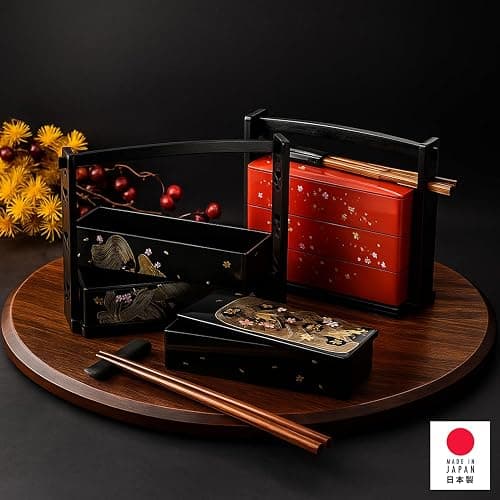 JapanBargain 1951, Made in Japan Three-Tier Japanese Lunch Bento Box with Chopsticks, Lacquered Sakura Cherry Blossom Design thumbnail 2
