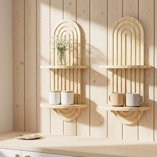 Nacidooka 23.6" Boho Arched Wall Shelves Set of 2 Mid Century Plant Shelves | 2-Tier Natural Wood Floating Shelves Decorative Wall Plant Holder for Home Living Room Bedroom Bathroom Entryway Office thumbnail 6