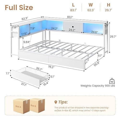 DICTAC Full Corner Bed Frame with Storage Drawers,Bookcase Headboard and Charging Station Full Size Metal Platform Corner Bed Frame with Storage and Led Lights Full Size Daybed for Teen Adult,White thumbnail 2