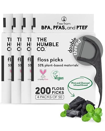 The Humble Co. Floss Picks (200 Count) – Plant Based Dental Floss Picks for Superior Oral Care, Dental Hygiene, and Gum Health, Cruelty Free Tooth Floss Picks (Charcoal, Double Thread) - Image 1