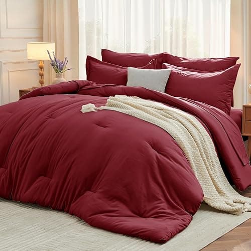 MUXHOMO 7 Pieces Full Comforter Set, Soft Bed in a Bag Full Size, All Season Bedding Set with Comforter, Flat Sheet, Fitted Sheet, Pillowcases & Shams, Burgundy Red - Image 1