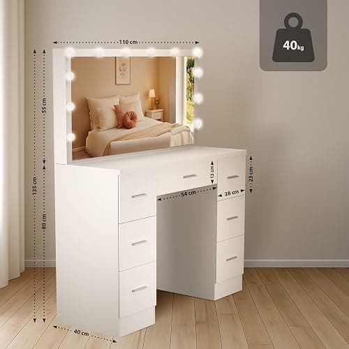 CLP Coiffeuse avec éclairage et Miroir 110x55 cm Ginny, Miroir Hollywood à LED dimmable avec 3 Couleurs de lumière, avec tiroirs, Couleur:Blanc thumbnail 2