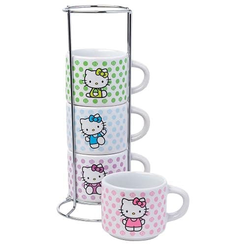 Silver Buffalo Sanrio Hello Kitty Polka Dots 4pc Stackable Ceramic Espresso Small Cup Set, 3 Ounces - Image 1