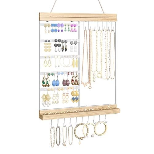 Hanging Jewelry Organizer and Storage, 5-Tier White Earring Necklace Holder Jewelry Display Organizer Stand Rack, Wall Mounted for Earrings Necklaces Bracelets and Rings, White - Image 1
