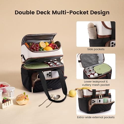 LOVEVOOK Insulated Lunch Bag For Women,Large Double Deck Adult Lunch Box,Teacher Lunch Tote Bag With Cup Holder,Leakproof Cooler Bag With Adjustable Shoulder Strap For Work Picnic Beach thumbnail 5