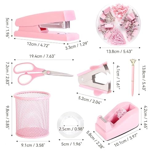 Pink Desk Accessories, Pink Office Supplies Set with Stapler, Tape Dispenser, Staple Remover, Pen Holder, Scissor, Binder/Paper Clips, Ballpoint Pen, Clear Tape and 1000pcs Staples thumbnail 3