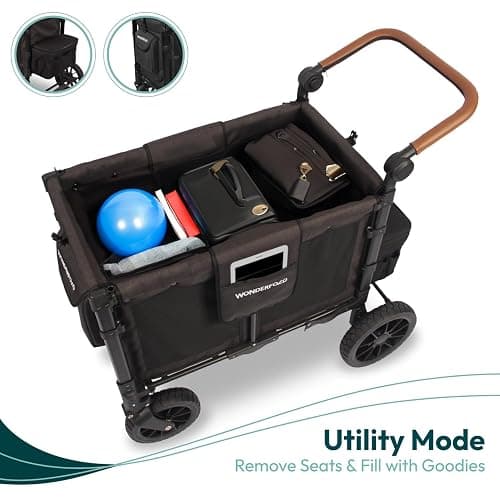 WONDERFOLD W2 Luxe Stroller Wagon (2 Seater) - Collapsible Wagon Stroller with Seats with Magnetic Buckle 5-Point Harnesses and Adjustable Sun Canopy, Volcanic Black thumbnail 7
