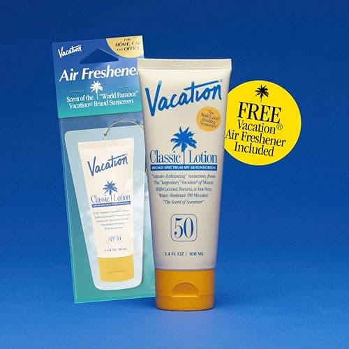Vacation Classic Sunscreen Lotion SPF 50 & Air Freshener Bundle, Water-Resistant, Lightweight, Transparent on All Skin Tones, Dermatologist-Tested, Vegan, Travel Size, 3.4 Fl. Oz. thumbnail 5