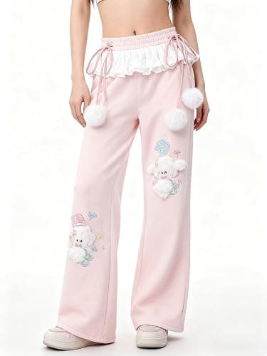 Women Y2k Kawaii 3D Plush Puppy Embroidery Sweatpants Harajuku Cutecore Lace Trim Bow Tie Baggy Casual Wide Leg Joggers thumbnail 5