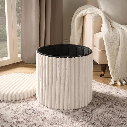 OHS Round Storage Ottoman Box, Decorative Cream Ribbed Ottoman with Lid Space Saving Organising Box for Livingroom Bedroom Footrest with Hidden Storage thumbnail 2