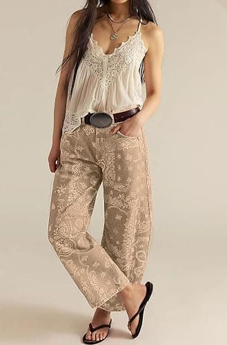 loveimgs Women Boyfriend Baggy Barrel Jeans Floral Print Denim Ankle Pants Wide Leg Mid Rise Jeans Sweatpants Y2k Patchwork thumbnail 2