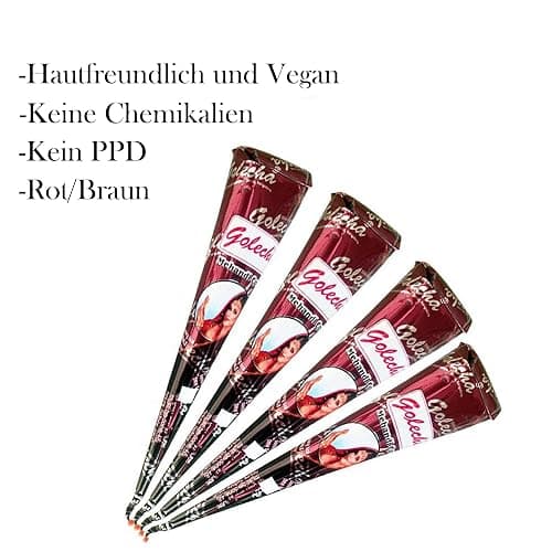 Naturic 4x Henna Tattoo, Temporäre Tattoo + 11x Henna Tattoo Schablone, Temporäre Mehndi Tattoos, Natürliche Kegel, Tattoo sticker, Temporäre Tätowierung - Rotbraun thumbnail 2
