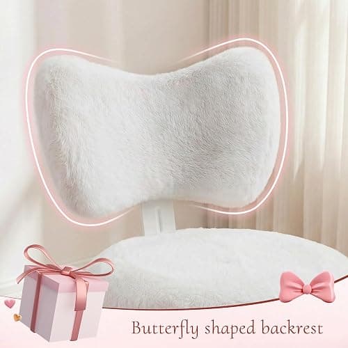 Homkdom Vanity Chair with Back, Swivel Chair with Wheels & Adjustable Height, Fluffy Faux Rabbit Fur Comfy Desk Chair for Vanity, Make-up Room, Bedroom, Dorm, Cute Bow Backrest, White thumbnail 3