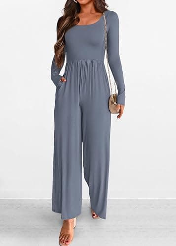 KIRUNDO Long Sleeve Jumpsuit for Women 2026 Spring Summer Airport Travel Outfits One Piece Square Neck Wide Leg Pants Romper thumbnail 4