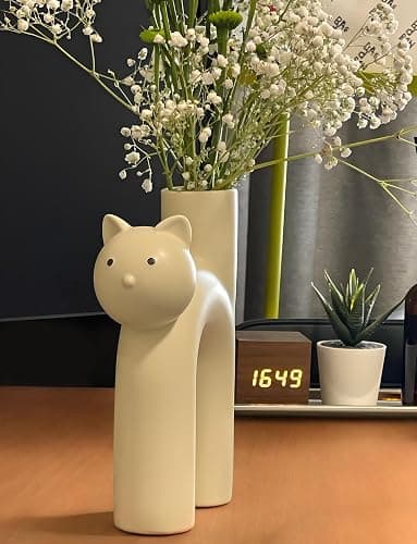 GeLive Cat Ceramic Vase Kitty Bud Vase Waterproof Flower Vase Plant Holder, Handmade Artistic Table Centerpieces Home Decor for Cat Lovers, Unique Gift Idea (Cream White) thumbnail 3