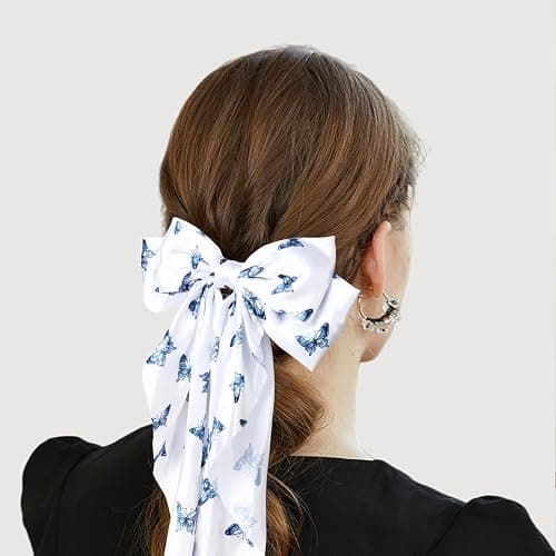MIKONIKO Silky Satin Hair Bows for Women Girls - 4PCS Ribbon Bows for Hair, Big Bow Hair Clips with Long Tail, Barrettes - Cute Hair Accessories Gifts (Black, Navy, Butterfly, White) - Black, Navy, Butterfly, White thumbnail 2