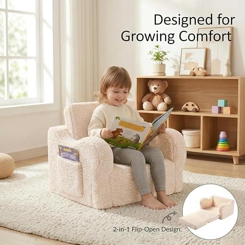 MOMCAYWEX Kids Sofa Chair, 2-in-1 Foldable Couch, Sherpa, Cream | Fold-Out Sofa Furniture, Removable Washable Soft Cover, Lightweight, Reading Playing Comfy Convertible Chair, Boys Girls thumbnail 3