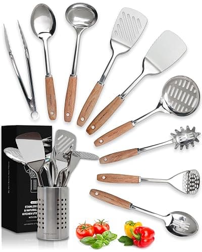 Home Hero Stainless Steel Kitchen Utensils Set - Nonstick Cooking Utensils Set - Heat Resistant Kitchen Essentials & Metal Kitchen Gadgets (10 pcs - Wood and Stainless Steel) | Ergonomic Wood Handle Stainless Steel Kitchen Utensils - Rust-Resistant, Nonstick Safe with Storage Holder (10-Piece) - Image 1