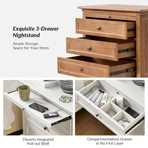 HULALA HOME Farmhouse 3 Drawer Nightstand with Tray, Drawer Organizer with Solid Wood Legs, Nightstand with Charging Station,Acorn thumbnail 4