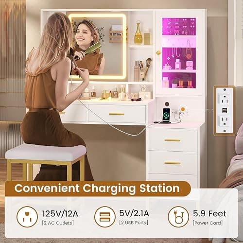 BTHFST Makeup Vanity with Upholstered Stool & Charging Station, Vanity Desk with Mirror and Lights, Vanity Table Set with Jewelry Storage & RGB Lights & 5 Drawers & Shelves, White & Gold thumbnail 6