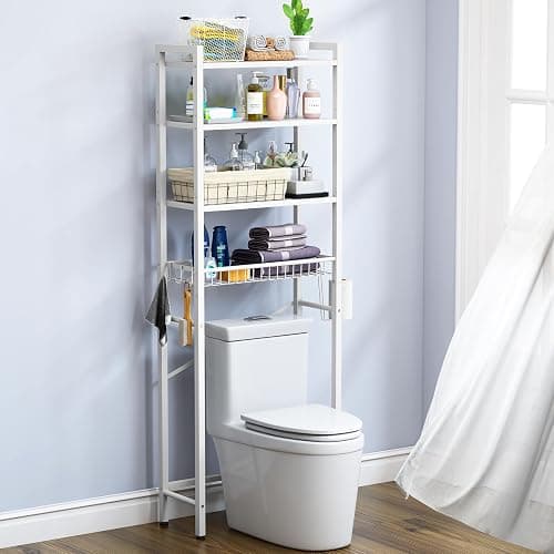 Kalrin Over-The-Toilet Storage Rack, 4-Tier Bathroom Organizer Shelf Over Toilet with Adjustable Shelf and Basket, Freestanding Space Saver Bathroom Shelves Above Toilet for Room (Pure White) thumbnail 7