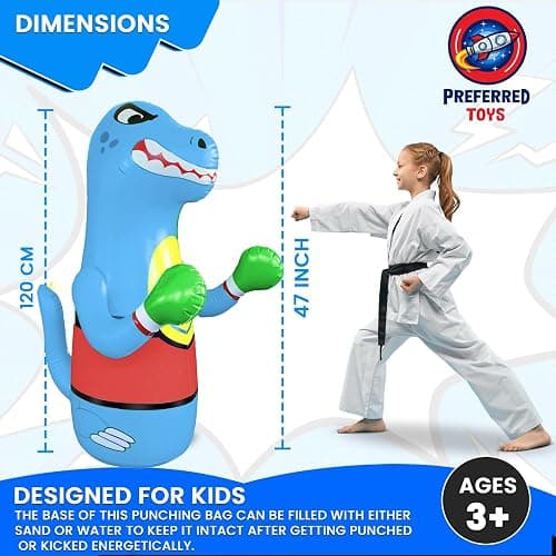 Preferred Toys Inflatable Dinosaur Punching Bag for Kids – Bop Bag for Toddlers and Children Ages 3-14 – 47" Blow Up Toy with Bounce-Back Action – Fill Base with Sand or Water - Blue thumbnail 2
