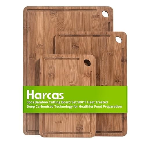 3 Piece Organic Bamboo Chopping Board Set by Harcas. 3 Sizes. Beautifully Crafted. Perfect for Serving Cheese or Antipasti, Cutting Meat, Vegetables or Fruit - Image 1