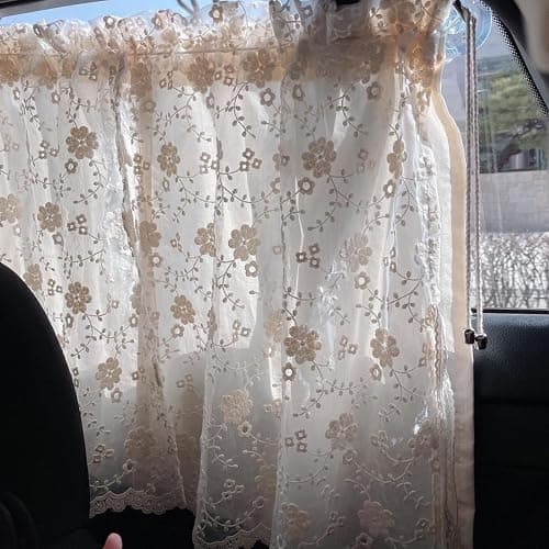Nawwgy Embroidery Flower Car Window Covers Auto Cotton Vehicle Window Drapes Privacy & Resistant ins Embroidered Chrysanthemum lace Double car Curtains thumbnail 9