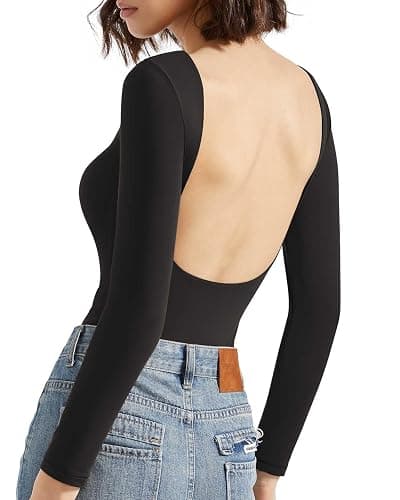 SUUKSESS Women Backless Y2k Long Sleeve Bodysuit Double Lined Open Back Sexy Basic Top - Image 1