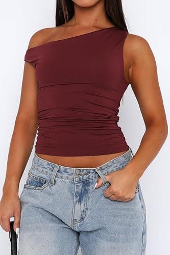 TiulZial Off The Shoulder Tops for Women - Going Out Top Double Lined Cute Summer Crop Tank Trendy Ruched thumbnail 2