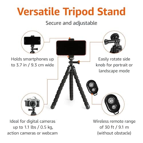 Amazon Basics Portable and Flexible Tripod with Wireless Remote and Smartphone Clamp, 10-inch long, Black thumbnail 2