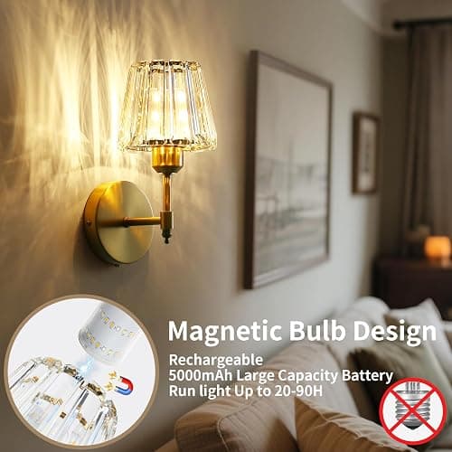 Battery Operated Crystal Wall Sconce Set of 2, Gold Rechargeable Wireless Wall Sconces with Remote Dimmable 12 Colors Modes Led Wall Lights, Wall Lamp for Bedroom Living Room Hallway, 2 Bulbs Included thumbnail 2