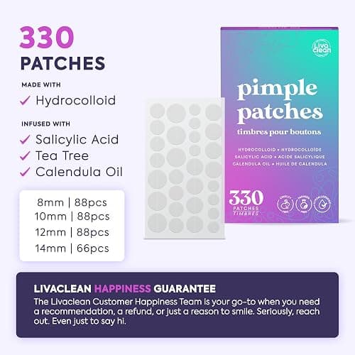 LivaClean 330 Count Pimple Patches for Face with Salicylic Acid, Tea Tree & Calendula Oil – 4 Sizes – Pimple Patches, Hydrocolloid Patch, Acne Patches, Zit Patches, Pimple Stickers thumbnail 2