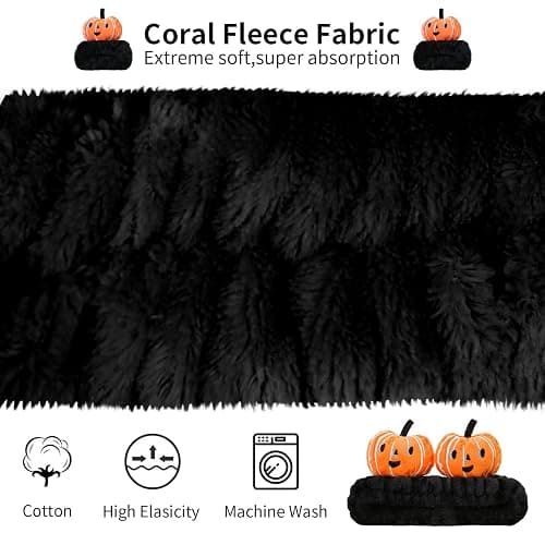 FlyingMage Kawaii Spa Headband and Wristband Set for Women Girls, Cute Halloween Skincare Headbands for Face Washing, Fluffy Makeup Headband for Washing Face, Bath, Shower and Beauty, Black Pumpkin thumbnail 3