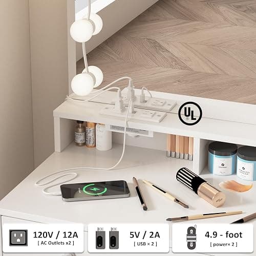 Vabches Vanity with Mirror and Lights, Makeup Vanity Table with Charging Station, Cute Vanity Set with Comfortable Bench, Dressing Table with 3 Storage Compartments, 39.8inch, White thumbnail 5