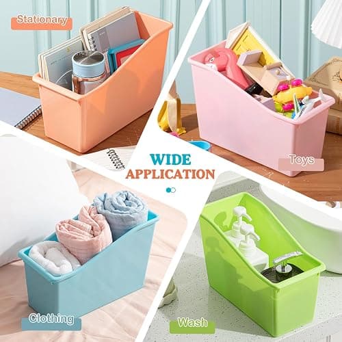 Geetery 12 Pcs Book Bin for Classroom with Labels Stackable Plastic Organizing Bins 11.5 x 5.4 x 7.5 in Book Holders Storage Bins Box Baskets for Classroom Library Home (Pastel Color) thumbnail 4