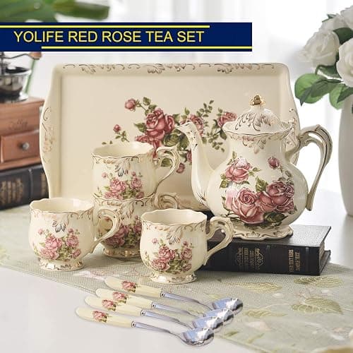 YOLIFE Porcelain Tea Set Vintage Rose, Tea Cups with Teapot, Serving Tray and Teaspoon Service for 4, Suitable for Tea Party Gifts thumbnail 3