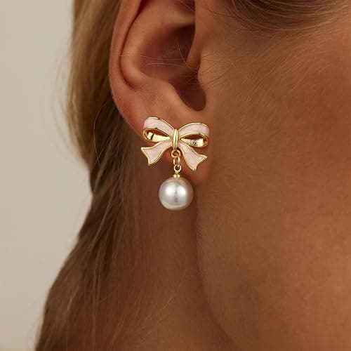 JIAOGE Easter Gifts for Kids Teen Girls - Gold Earrings for Women Girls Bow Earring Jewelry Huggie Hoop Stud Earrings Hypoallergenic CZ Pearl Drop Bow Earring Gifts for Girls Wedding Birthday Gifts thumbnail 3