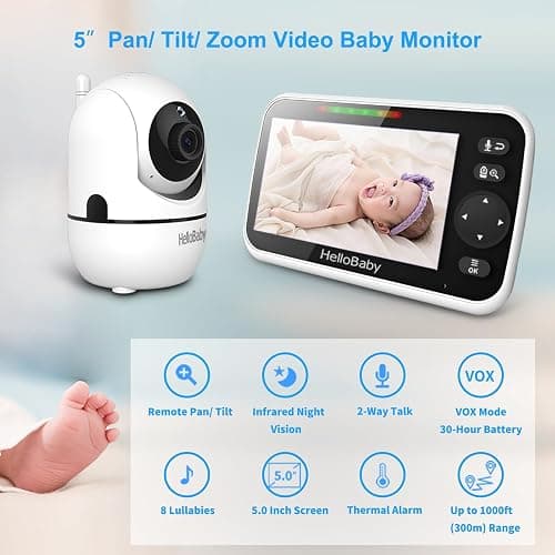 HelloBaby No WiFi Baby Monitor 5" Screen 30-Hour Battery Pan-Tilt-Zoom Video Upgrade with Camera and Audio, Night Vision, VOX, 2-Way Talk, 8 Lullabies and 1000ft Range, HB6550 thumbnail 2