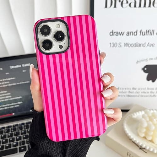 CHEDEMK Compatible with iPhone 15 Pro Max Case, Cute Fashion Aesthetic Striped Pattern Cover for Women, Shockproof Soft TPU and Hard PC Protective Phone Case for iPhone 15 Pro Max 6.7"- Hot Pink thumbnail 3